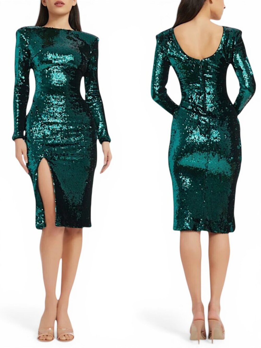 Dress the Population Natalie Green Sequin Bodycon Slit Long Sleeve Midi Dress S